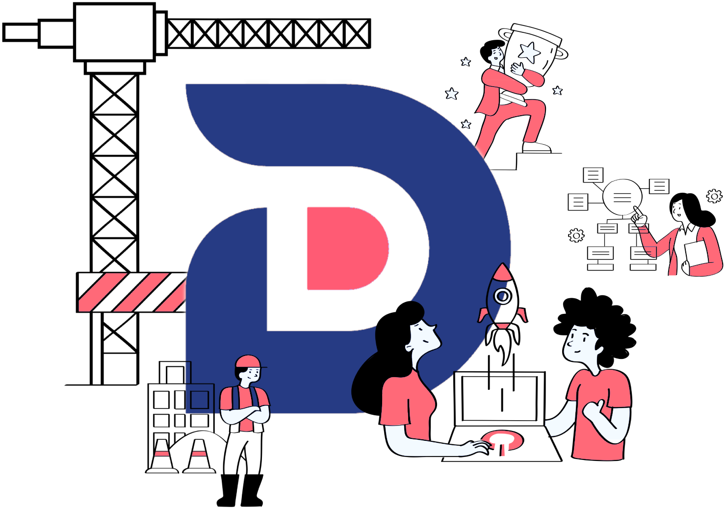 Illustration of workers constructing the Dunstan Mercer Logo